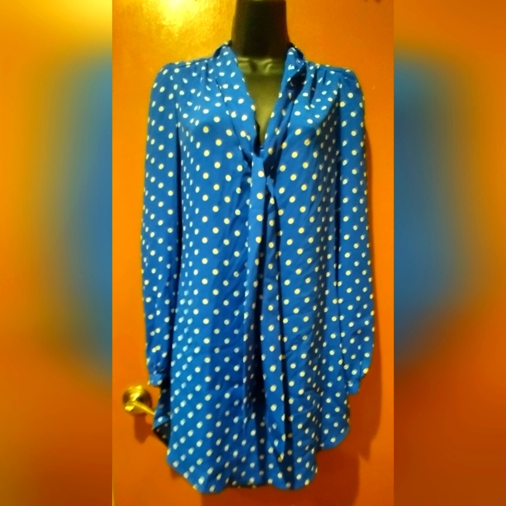 TTL Blue & White Polka Dotted Long Sleeve Blouse Shirt Small S